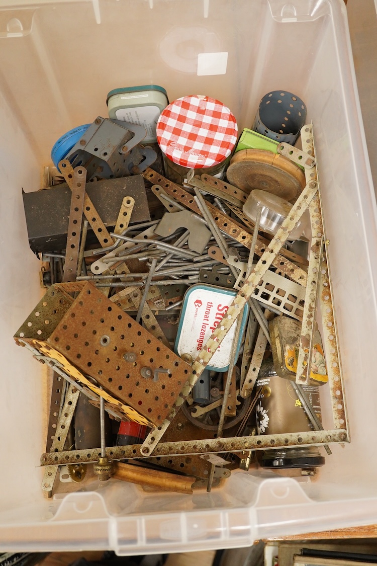 A large quantity of early Meccano construction parts, including a variety of specialist parts from the earliest sets produced and the original box for set No.3